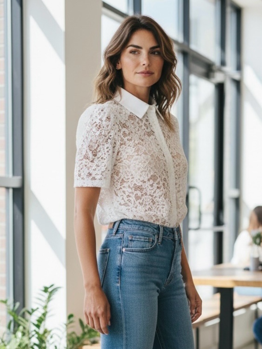 Nanette Lepore White Floral Sheer Lace Button Up Short Sleeve Blouse L